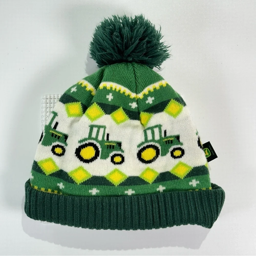 John Deere Kids Beanie Tractor Knit Winter Hat Pom Green